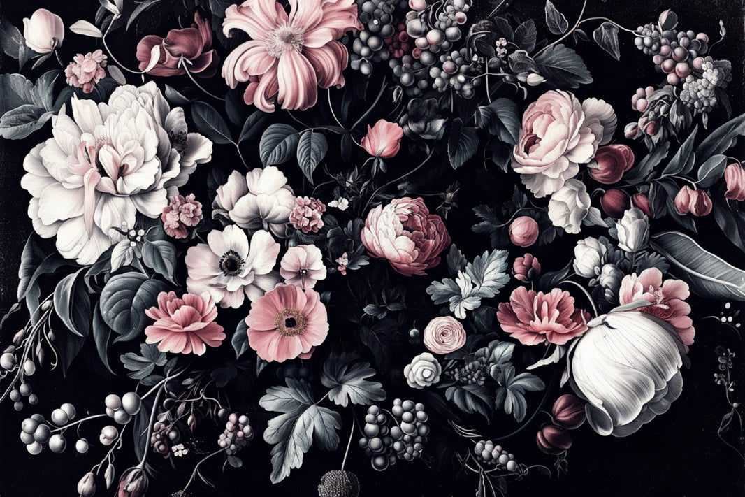 Dark Black Romantic Floral Bouquet Wall Mural pattern artwork