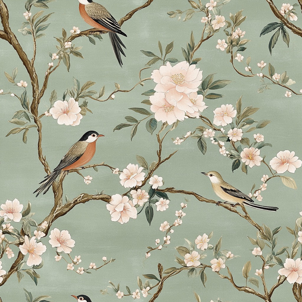 Soft Sage Green Bird and Cherry Blossom Wallpaper pattern artwork