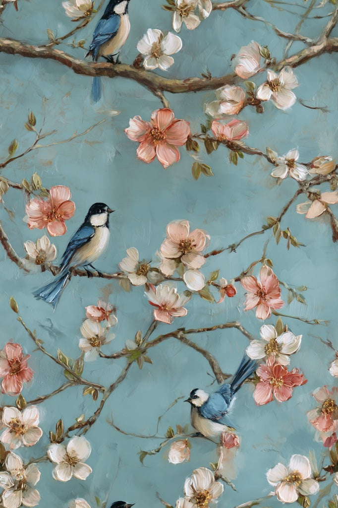 Pastel Blue Cherry Blossom Bird Wallpaper pattern artwork