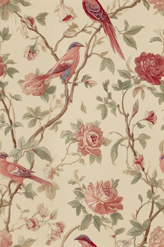 Cream and Burgundy Rose and Bird Wallpaper pattern artwork