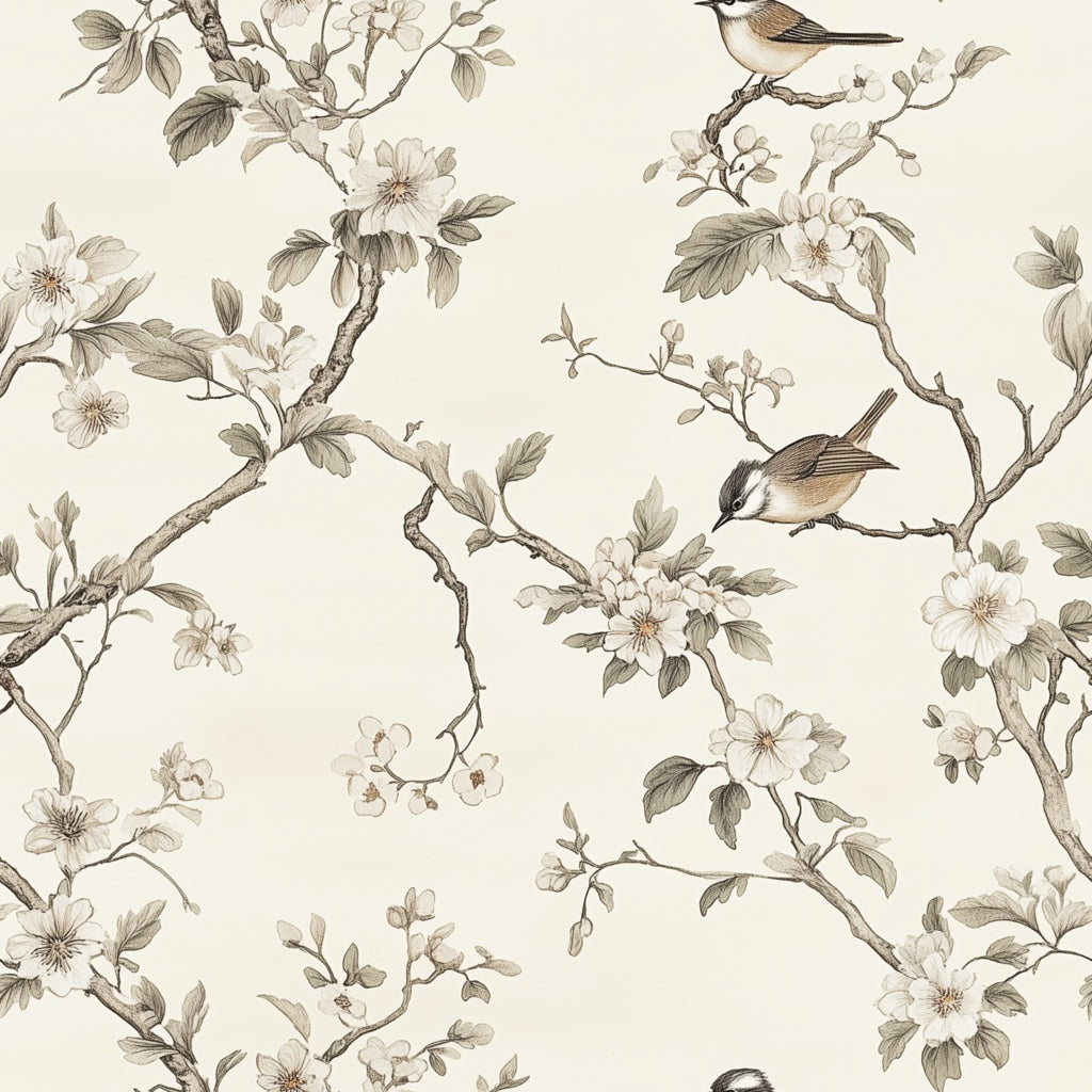 Cream Cherry Blossom and Bird Motif Wallpaper pattern artwork