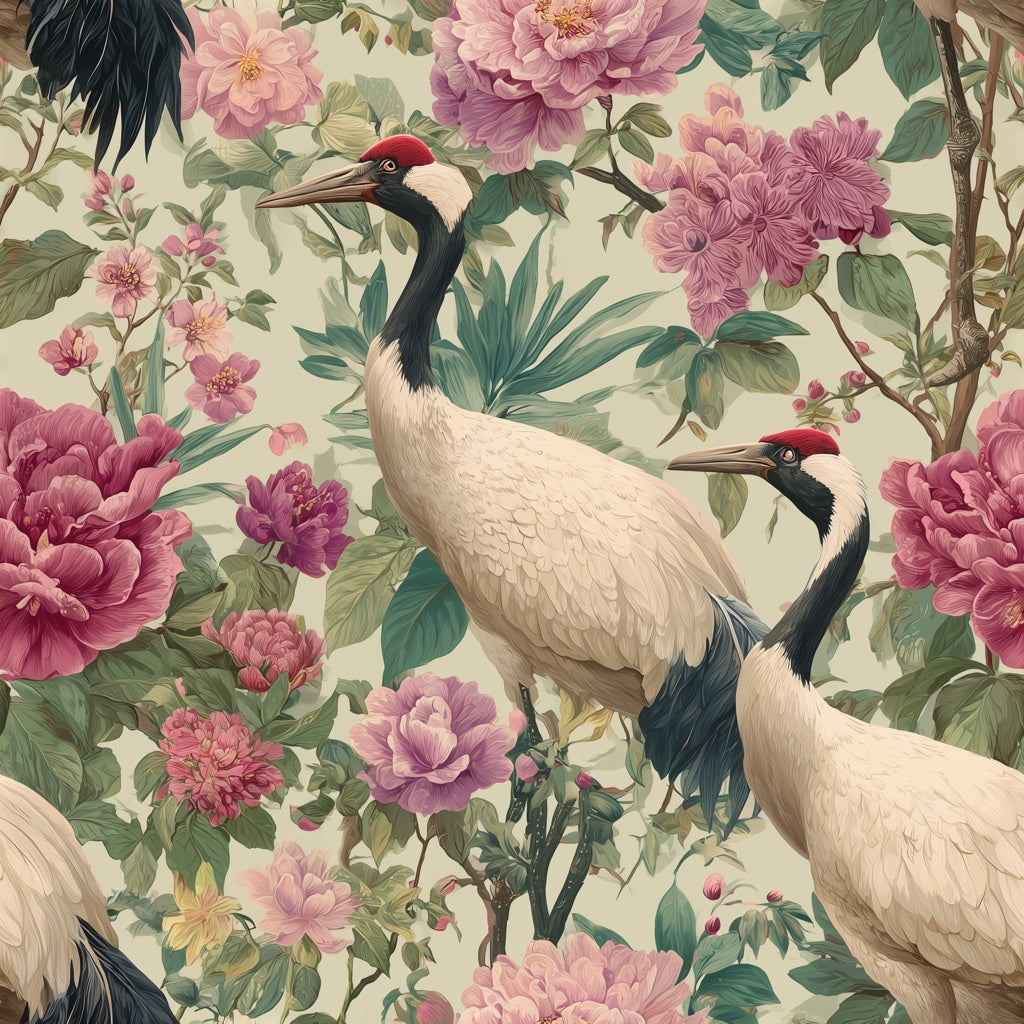 Cream Vintage Bird and Peony Floral Wallpaper pattern artwork