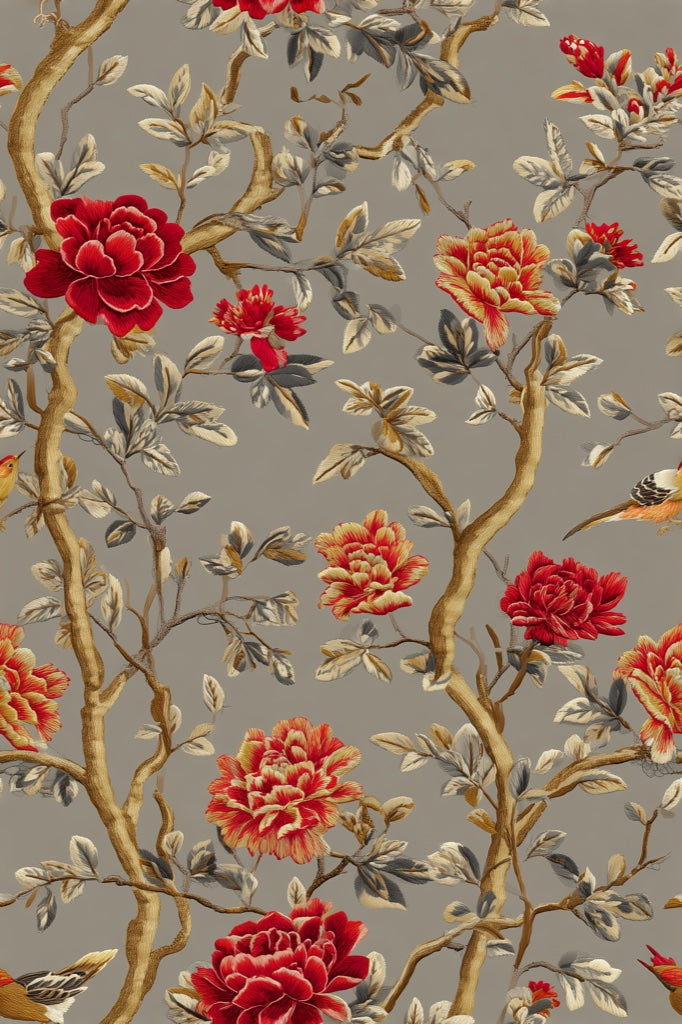 Deep Red Rose and Bird Botanical Wallpaper pattern artwork