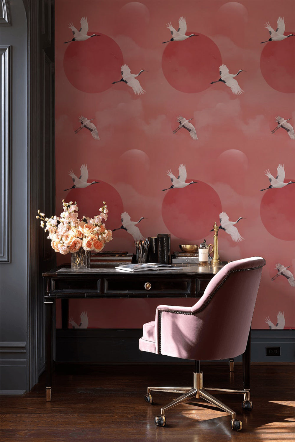 Blush Pink Crane Flight Wallpaper