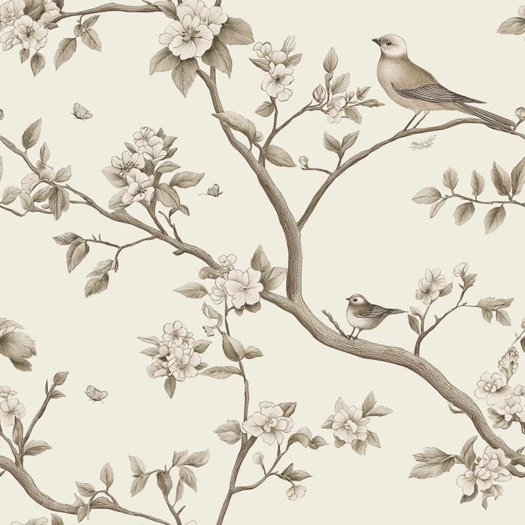 Cream and Taupe Vintage Bird Floral Wallpaper pattern artwork