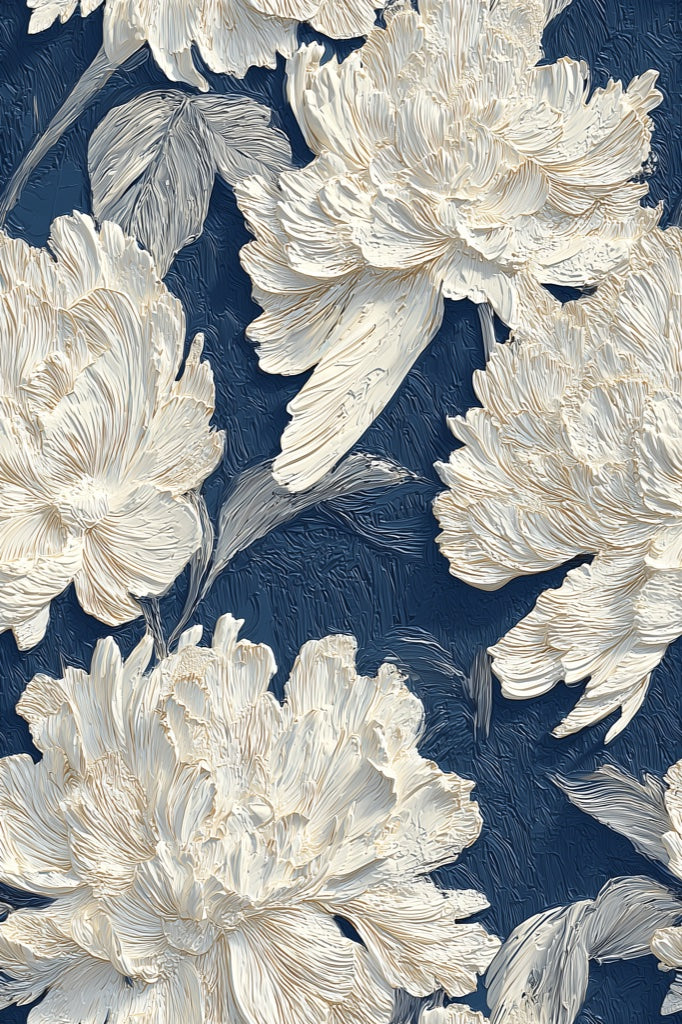 Ivory Peony on Deep Navy Floral Wallpaper pattern artwork