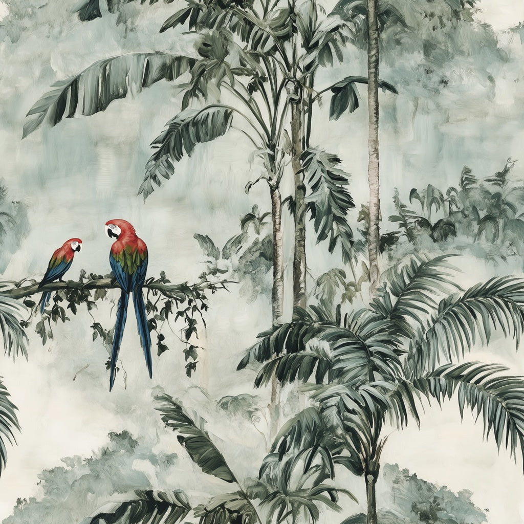 Cream Tropical Parrot and Palm Leaf Wallpaper pattern artwork