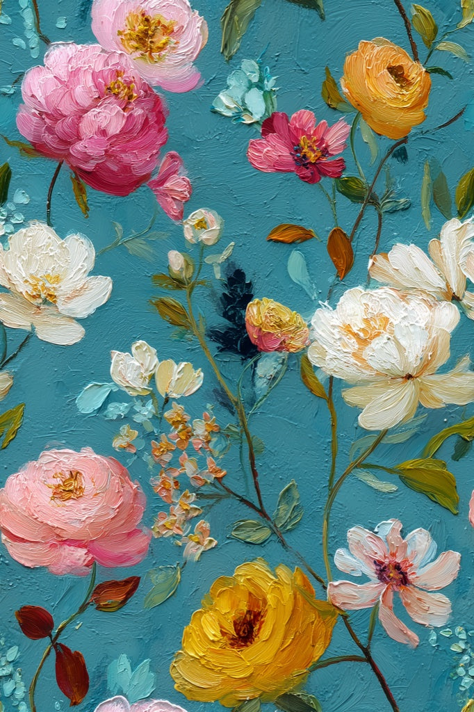 Vibrant Teal Large Floral Bouquet Wallpaper pattern artwork