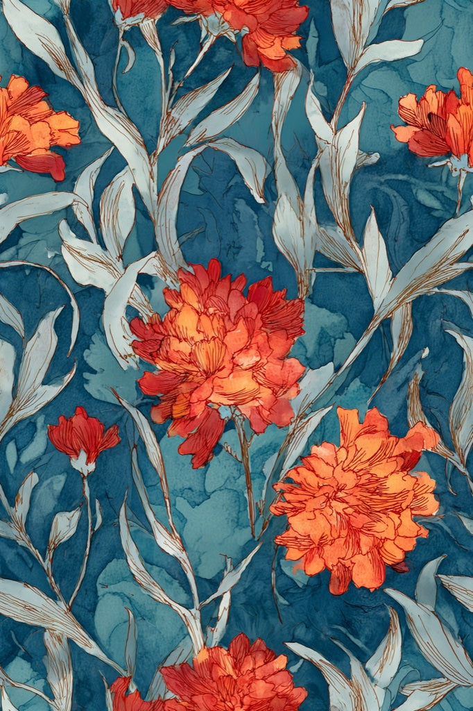 Vibrant Teal and Orange Tropical Floral Wallpaper pattern artwork