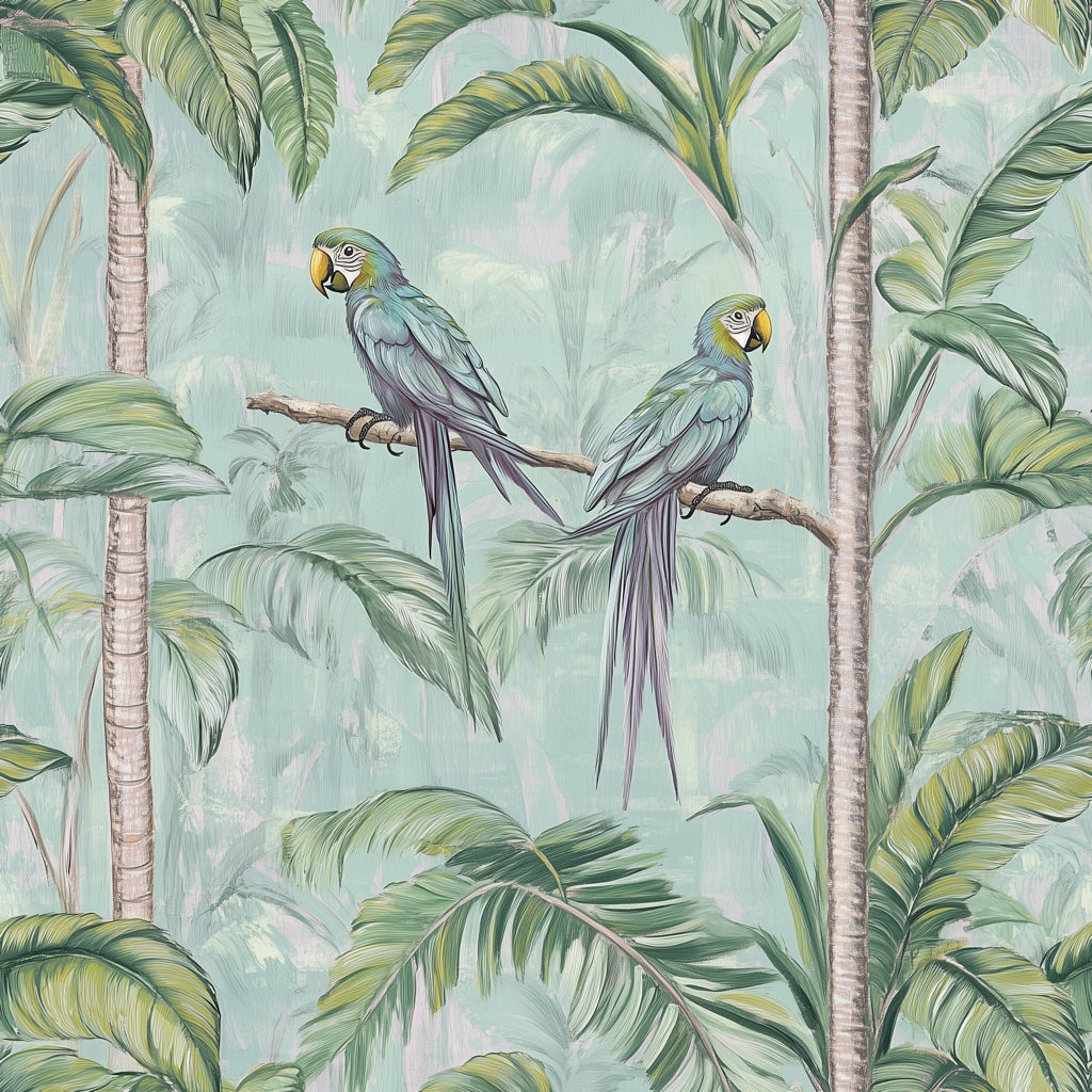 Aqua Blue Tropical Parrot Palm Wallpaper pattern artwork