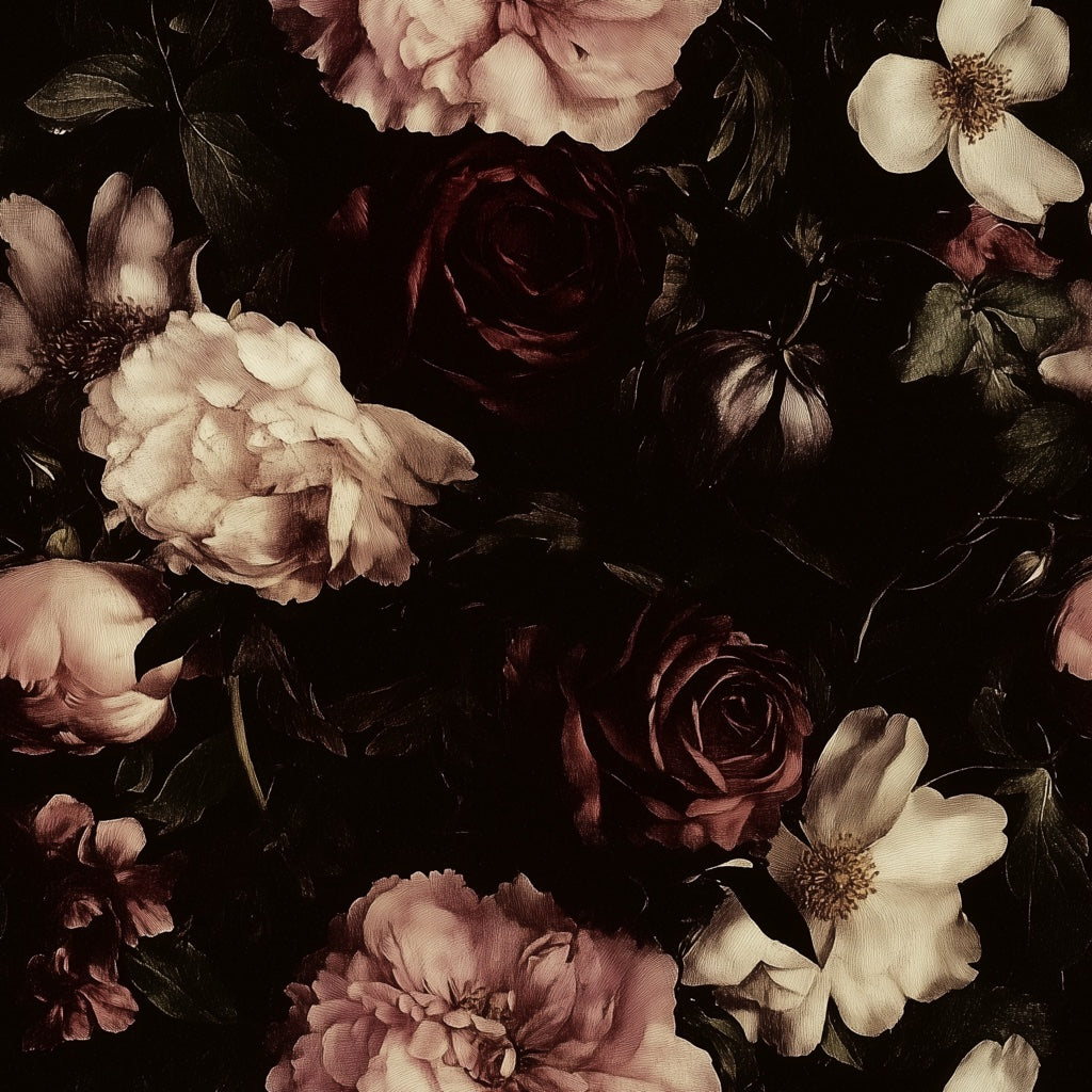 Moody Black and Cream Rose Floral Wallpaper pattern artwork