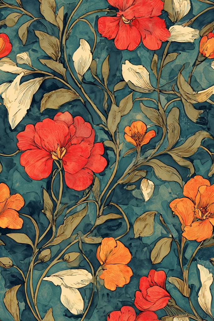 Vibrant Blue and Red Tropical Floral Wallpaper pattern artwork