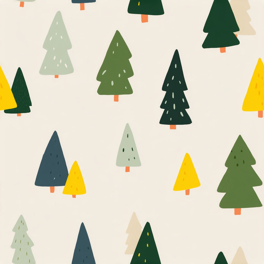 Cream and Green Playful Tree Pattern Wallpaper pattern artwork