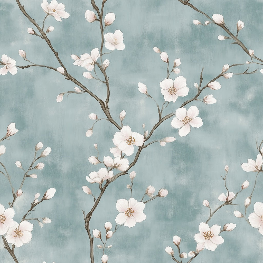 Serene Teal Cherry Blossom Floral Wallpaper pattern artwork