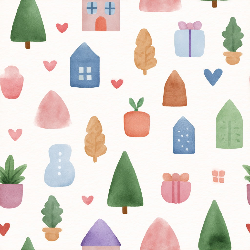 Whimsical Multicolor Kids Village Wallpaper pattern artwork