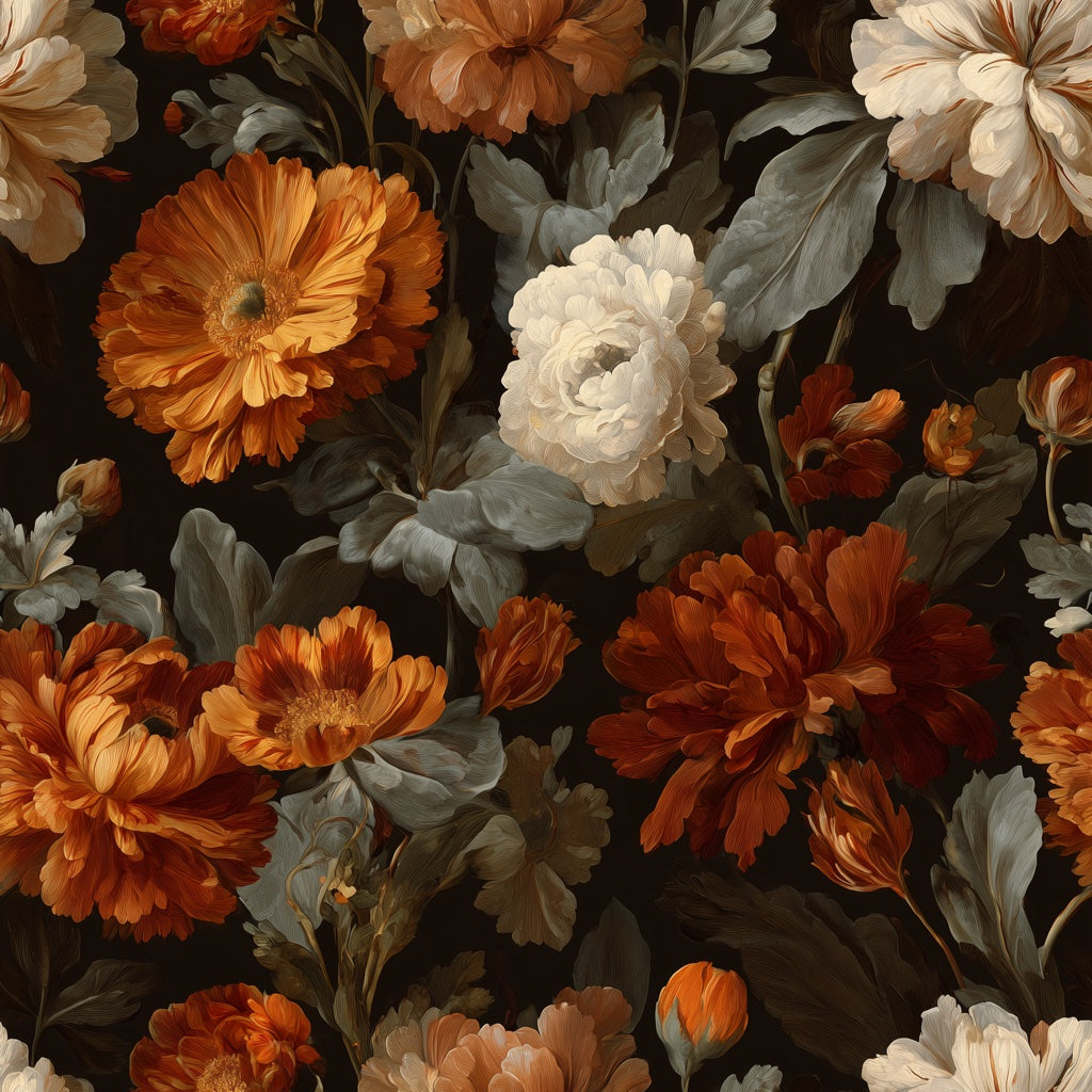 Dark Charcoal and Amber Large Floral Wallpaper pattern artwork
