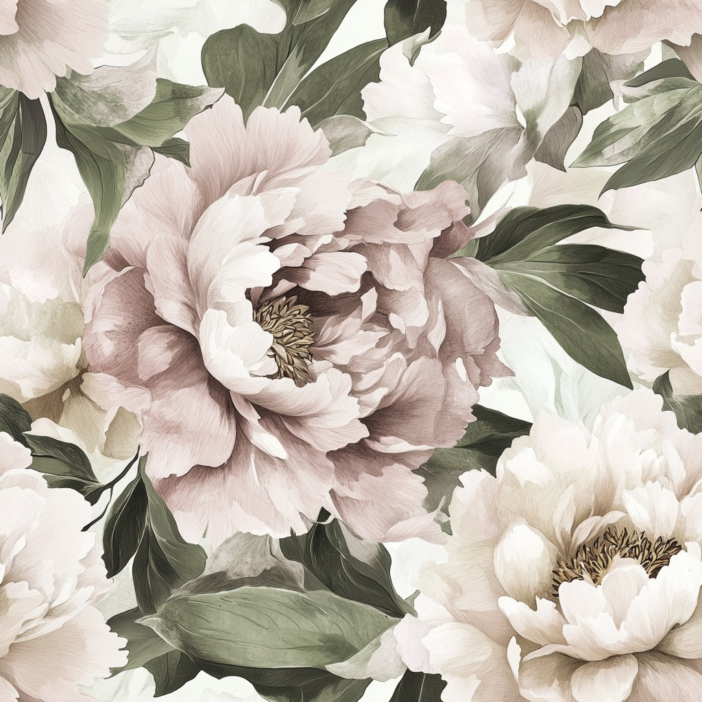 Beige and Green Peony Floral Wallpaper pattern artwork