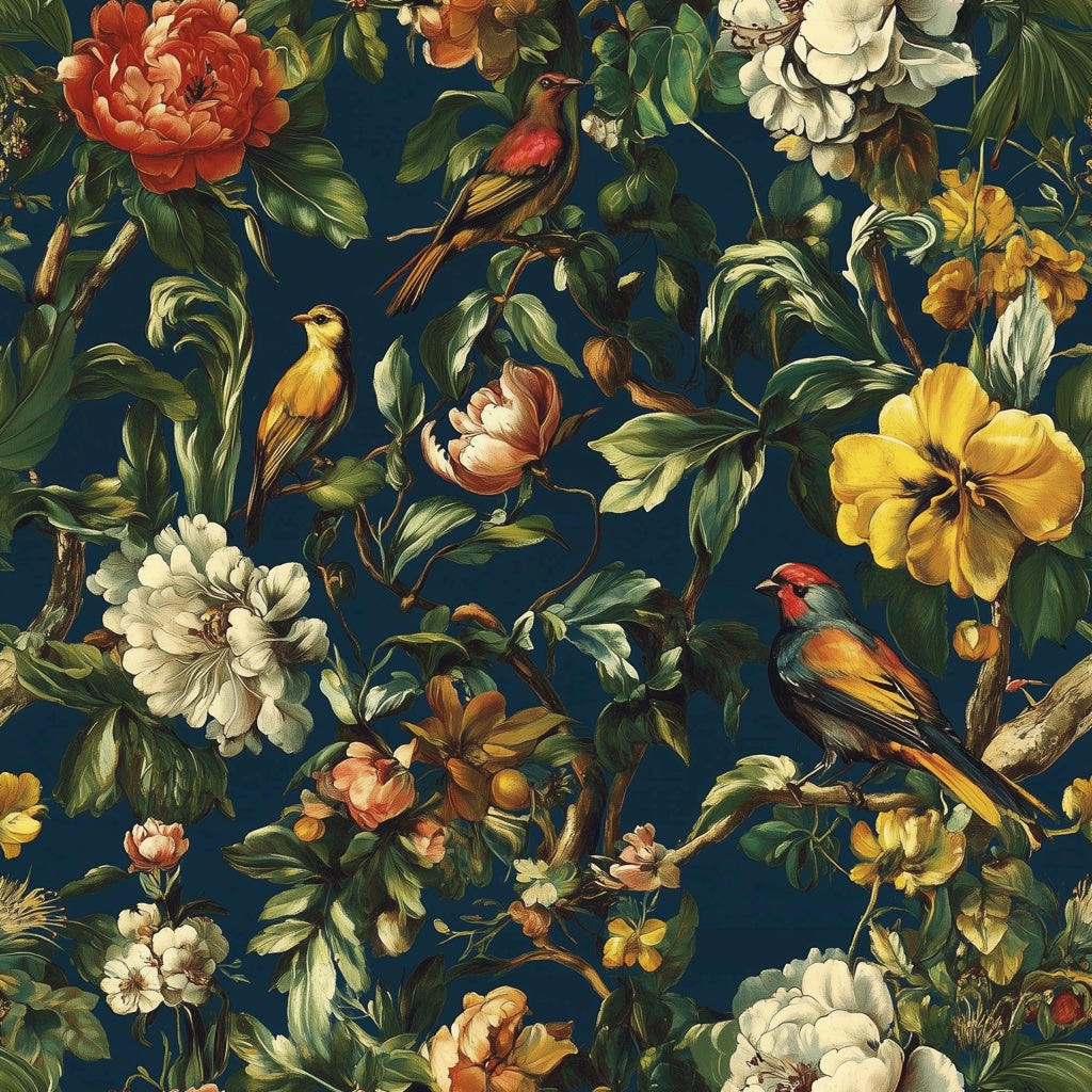 Deep Black Vintage Floral and Birds Wallpaper pattern artwork