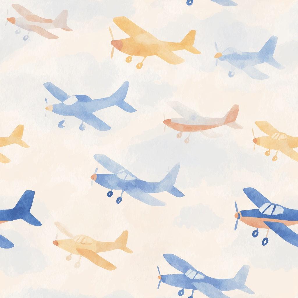 Playful Blue and Yellow Airplane Kids Wallpaper pattern artwork