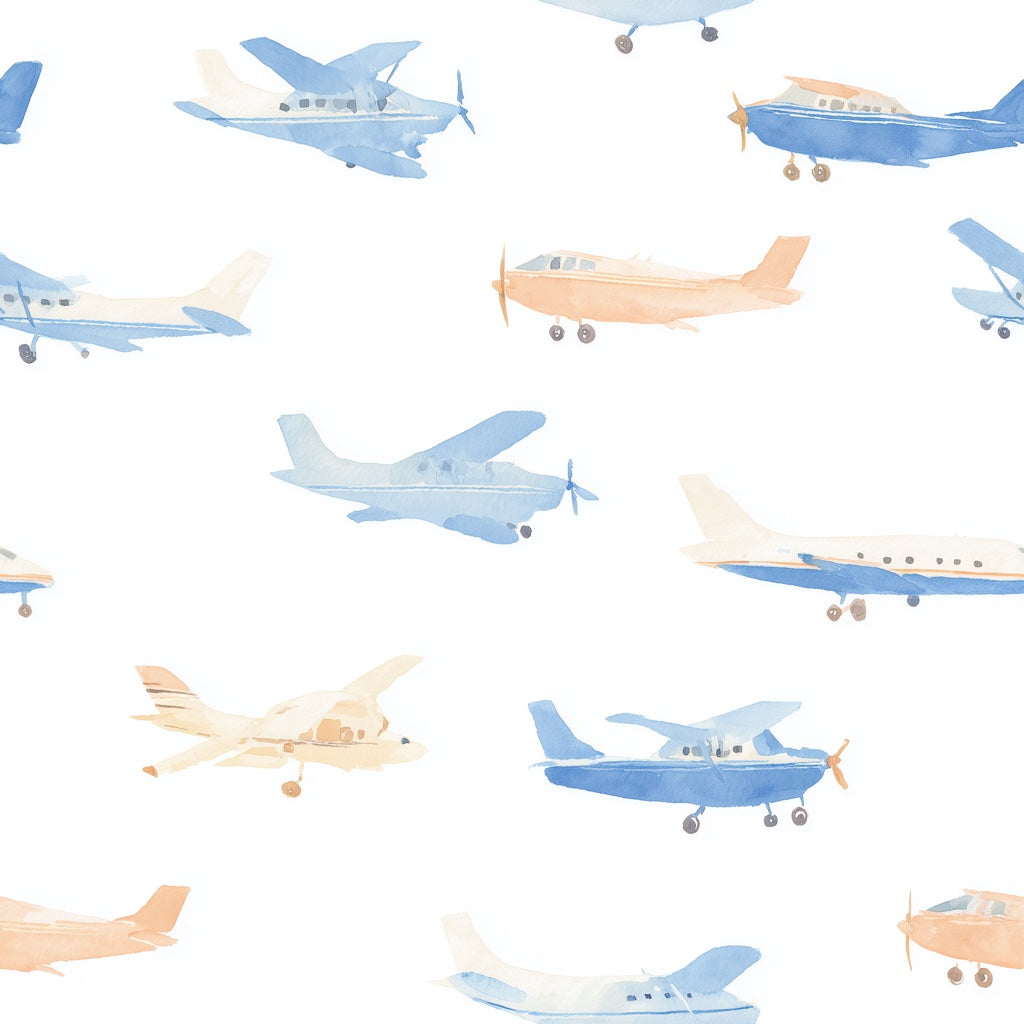Whimsical Blue and Peach Airplane Kids Wallpaper pattern artwork