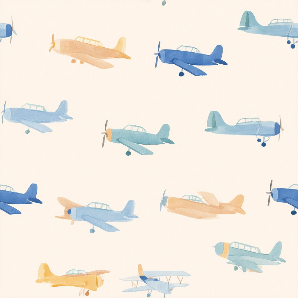 Cream and Blue Cartoon Airplanes Kids Wallpaper pattern artwork