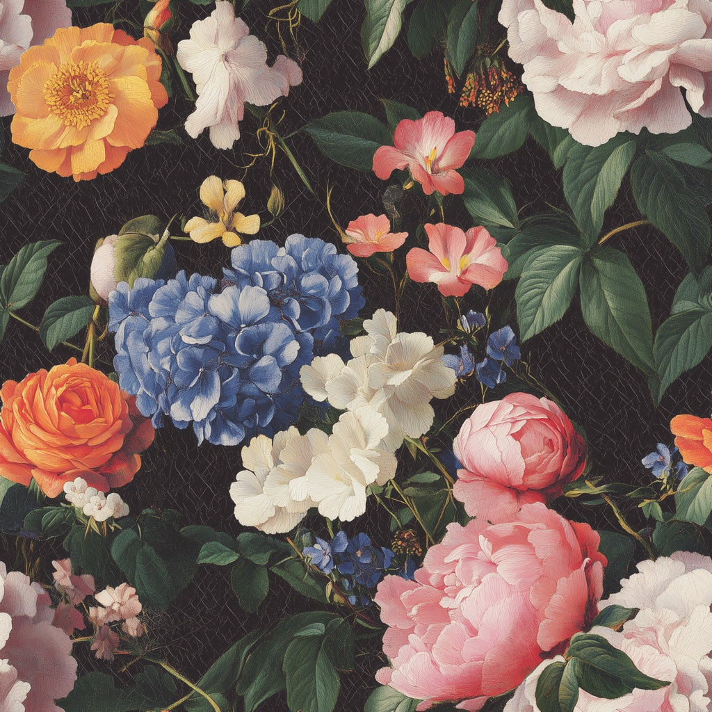 Bold Black Multicolor Floral Bouquet Wallpaper pattern artwork