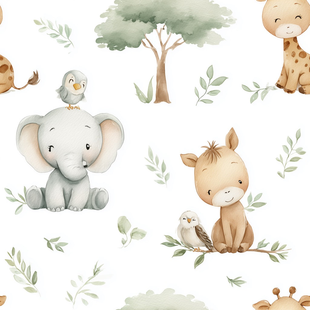 White Safari Animal and Leaf Kids Wallpaper pattern artwork
