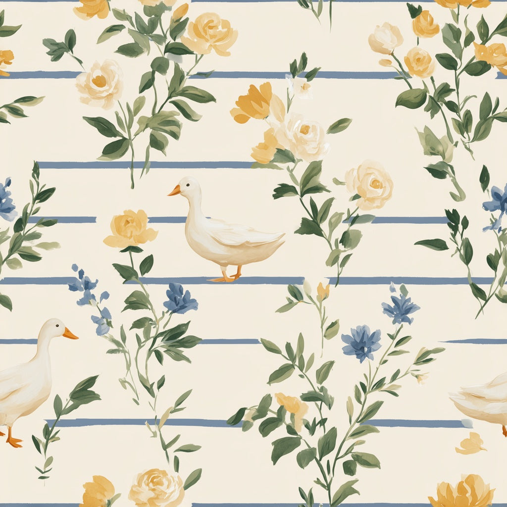 Cream Vintage Floral and Bird Pattern Wallpaper pattern artwork