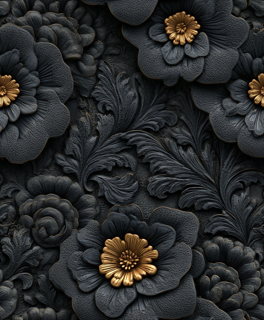 Gold Look Accented Black Floral Wallpaper pattern artwork