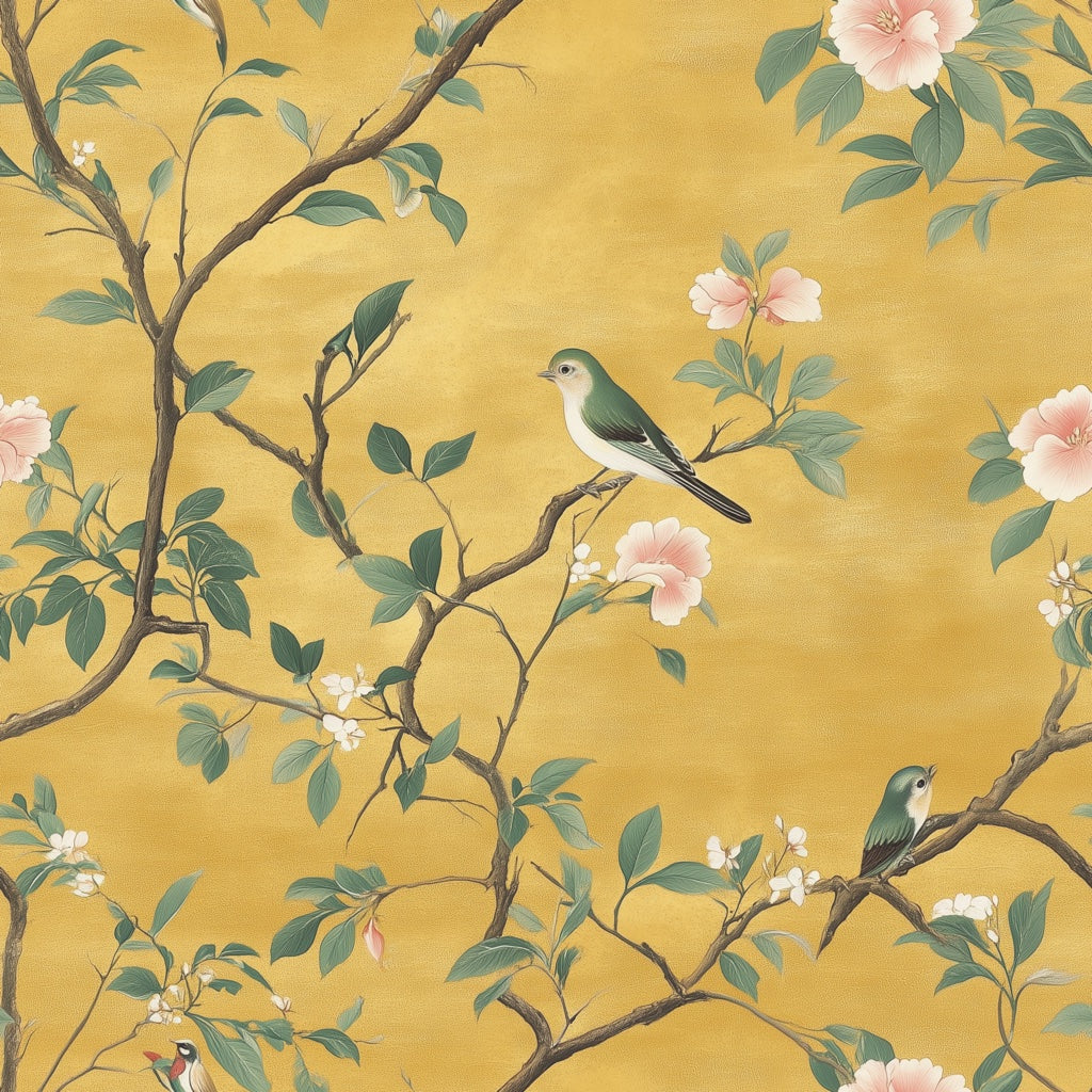 Golden Look Yellow Chinoiserie Bird and Blossom Wallpaper pattern artwork