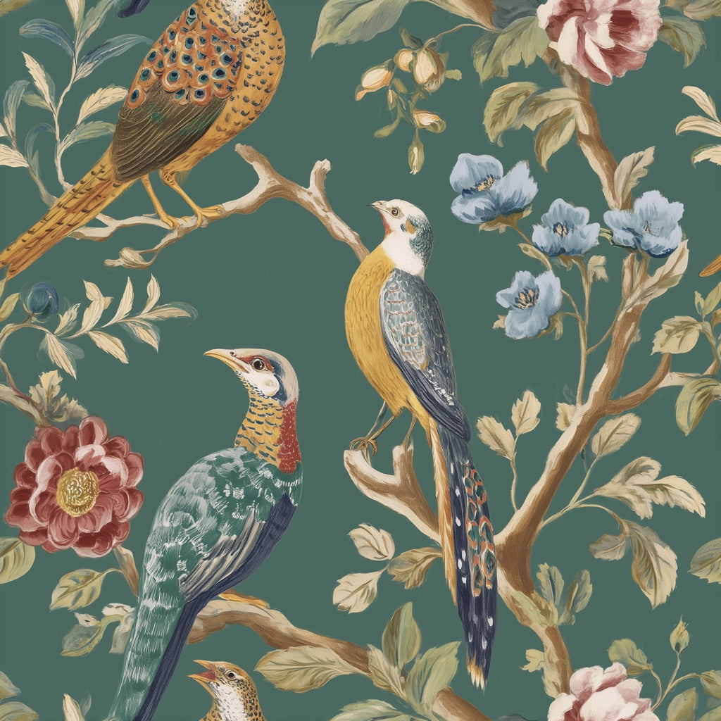 Emerald Green Bird and Rose Vintage Wallpaper pattern artwork