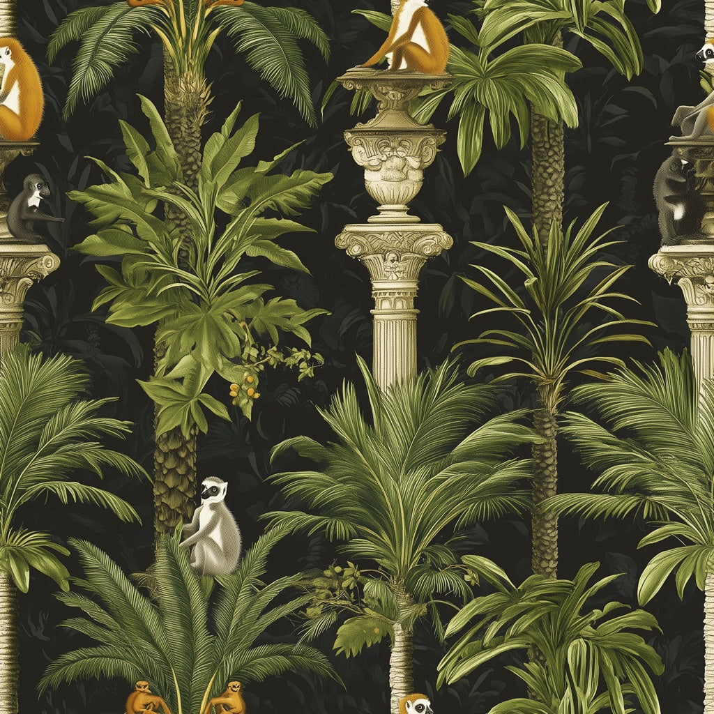 Dark Vintage Monkey Palm Tree Wallpaper pattern artwork