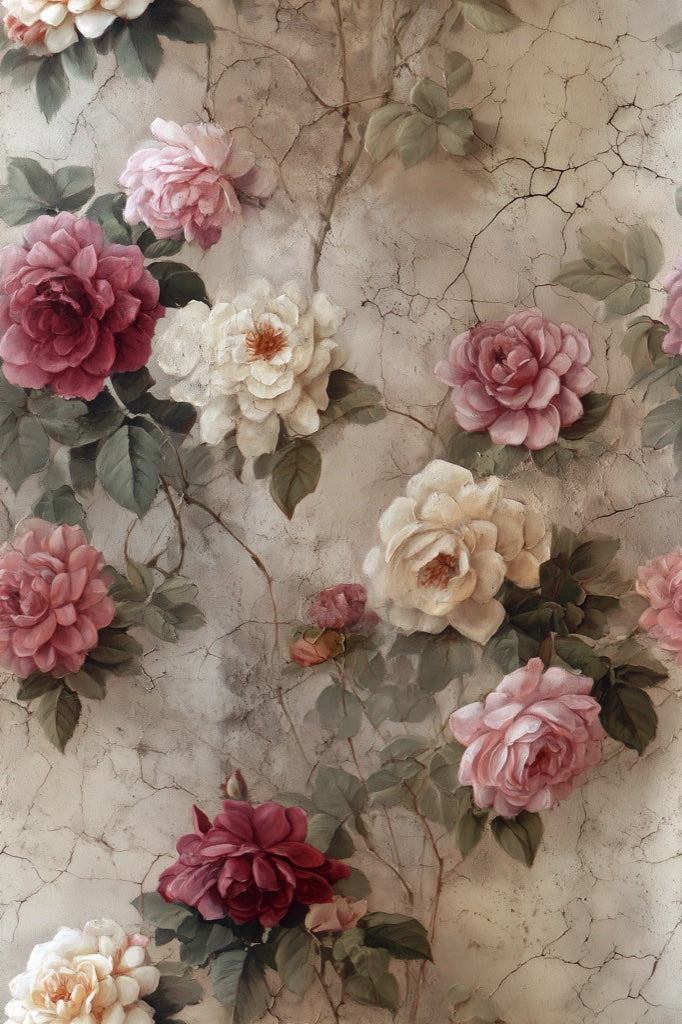 Vintage Beige and Pink Rose Floral Wallpaper pattern artwork