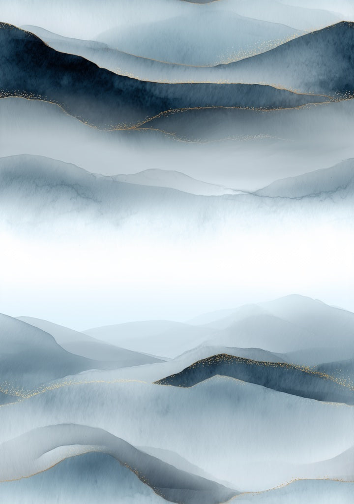 Serene Blue Watercolor Mountain Landscape Wallpaper pattern artwork