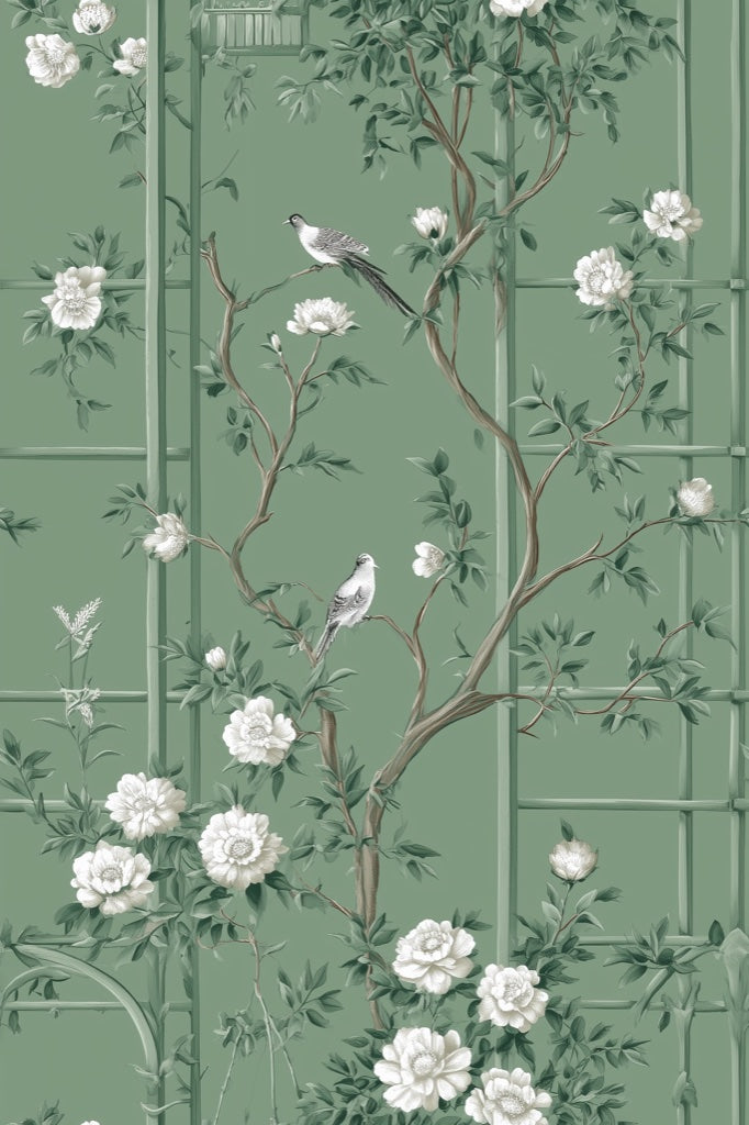 Sage Green Chinoiserie Floral Bird Wallpaper pattern artwork