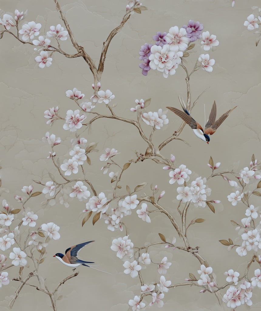 Beige Cherry Blossom and Bird Wallpaper pattern artwork