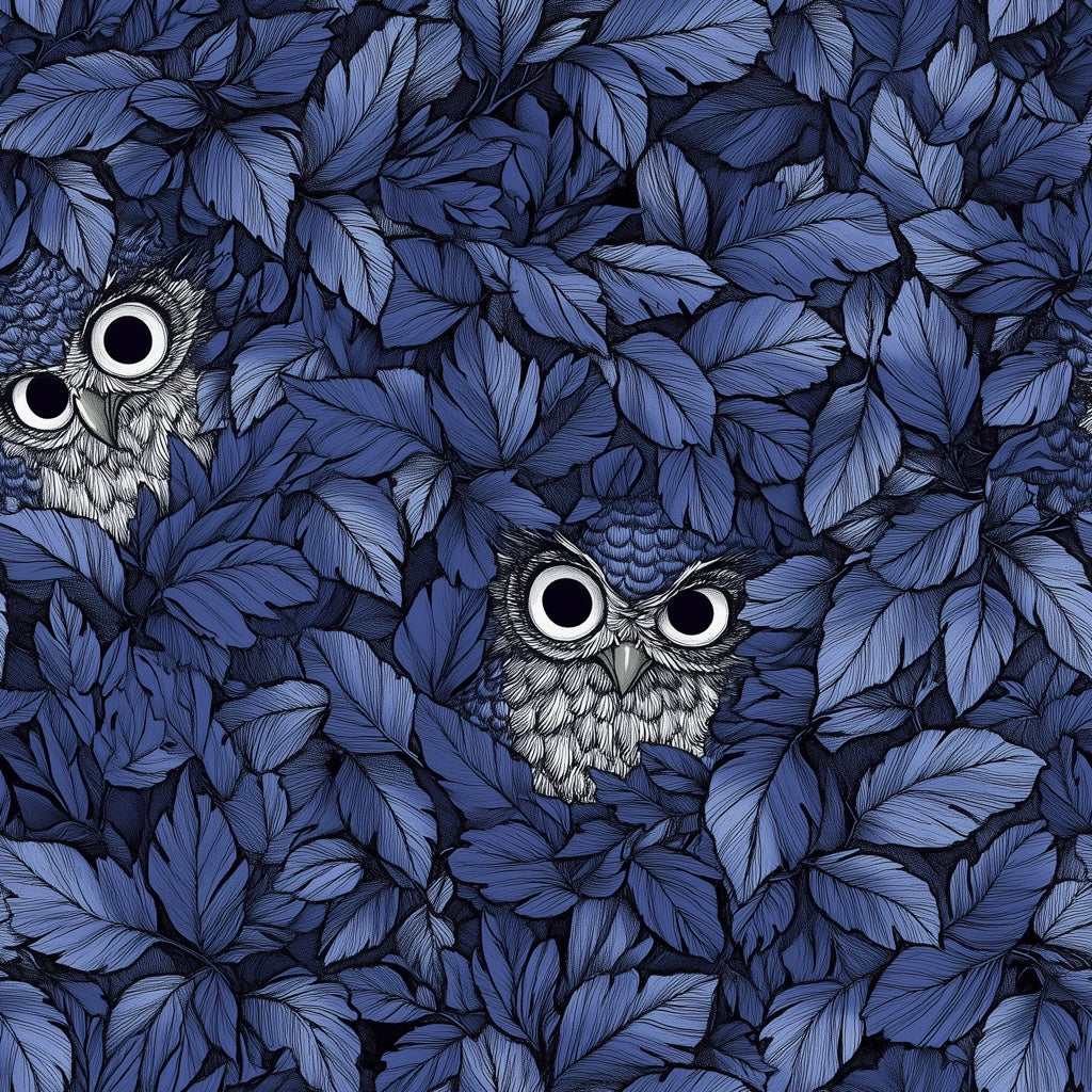 Deep Midnight Blue Owl Botanical Wallpaper pattern artwork