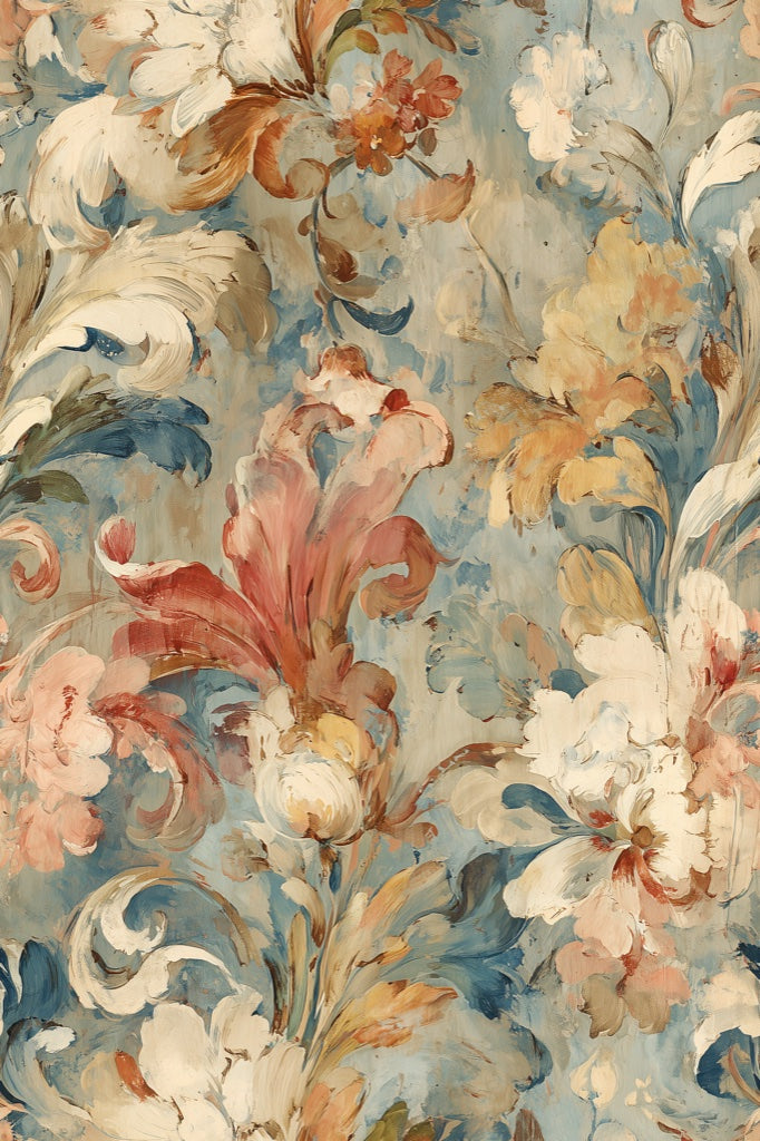 Vintage Blue and Cream Large Floral Wallpaper pattern artwork