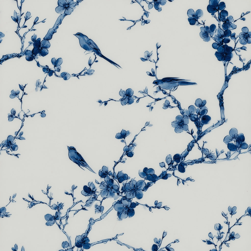Blue Cherry Blossom and Bird Wallpaper pattern artwork