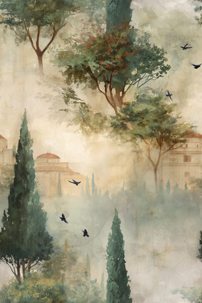 Serene Beige and Green Landscape Wallpaper pattern artwork