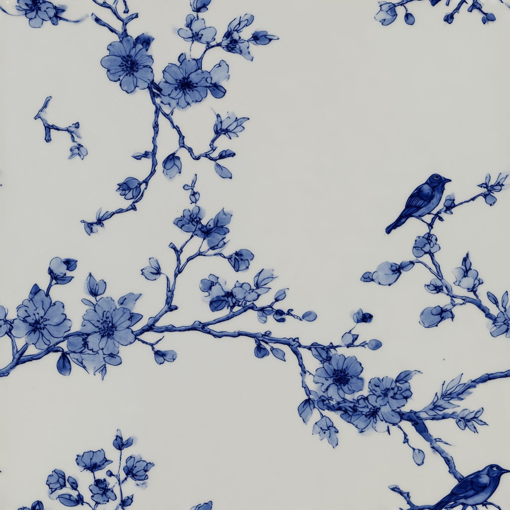 Cream and Blue Bird Blossom Wallpaper pattern artwork