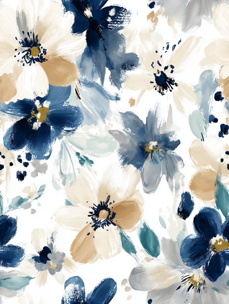 Ivory and Navy Bold Floral Pattern Wallpaper pattern artwork