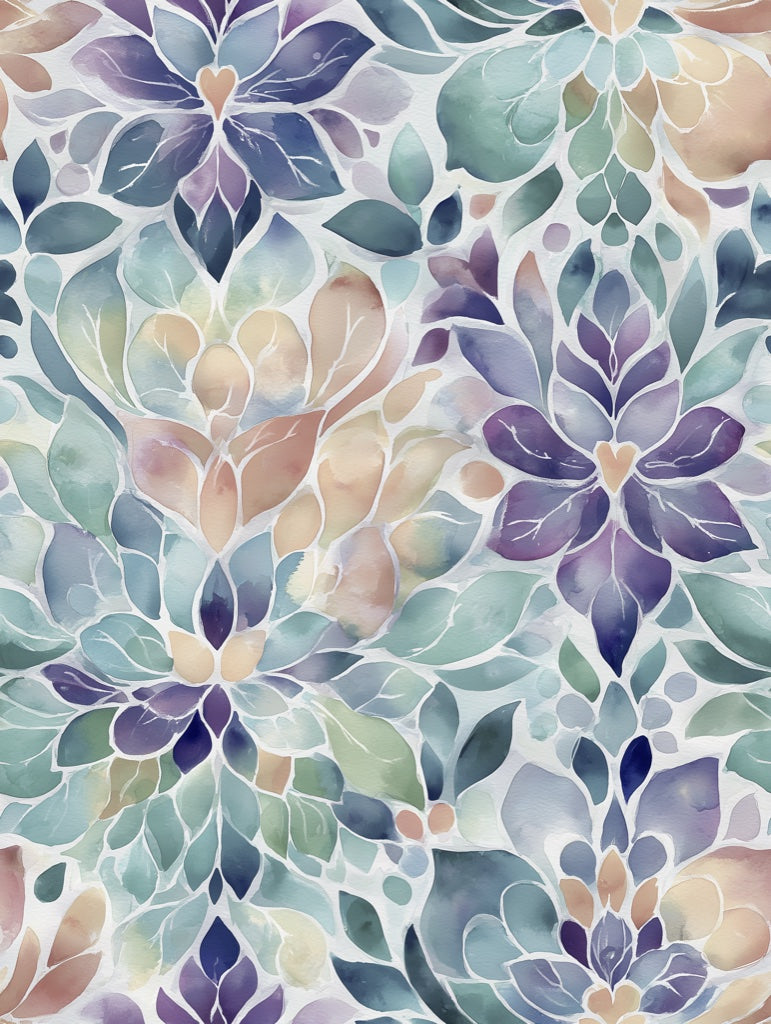 Teal and Purple Large Floral Motif Wallpaper pattern artwork
