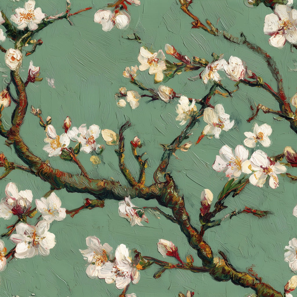 Sage Green Blossoming Cherry Branch Wallpaper pattern artwork