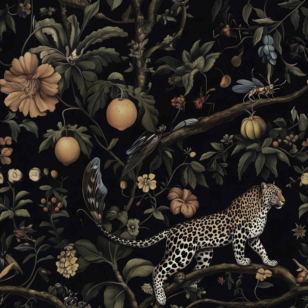 Dark Jungle Leopard Botanical Wallpaper pattern artwork
