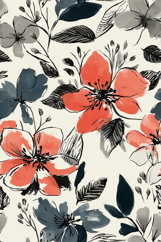 Coral and Blue Oversized Floral Wallpaper pattern artwork