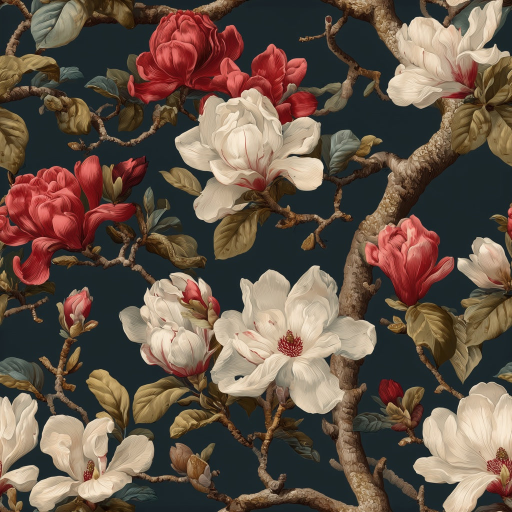 Dark Navy Magnolia Bloom Wallpaper pattern artwork