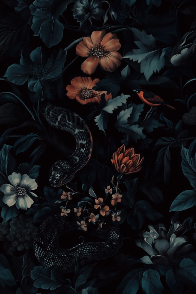Dark Verdant Wildlife and Vintage Floral Wallpaper pattern artwork