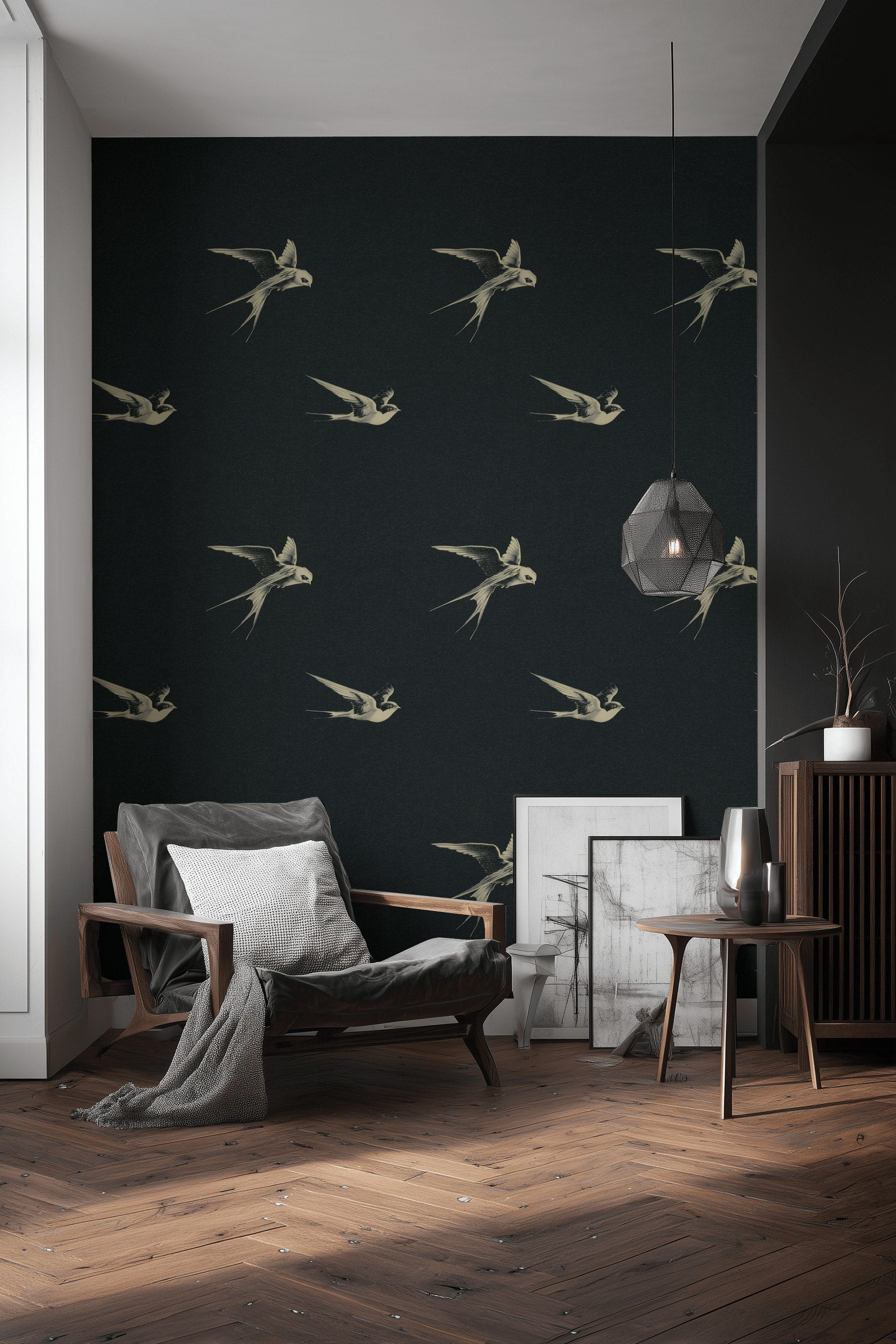 Charcoal Black Swallow Bird Motif Wallpaper