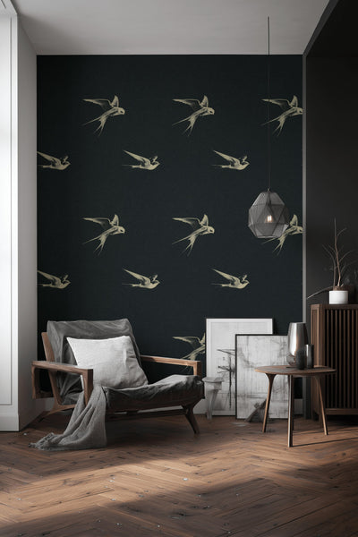 Charcoal Black Swallow Bird Motif Wallpaper - 2